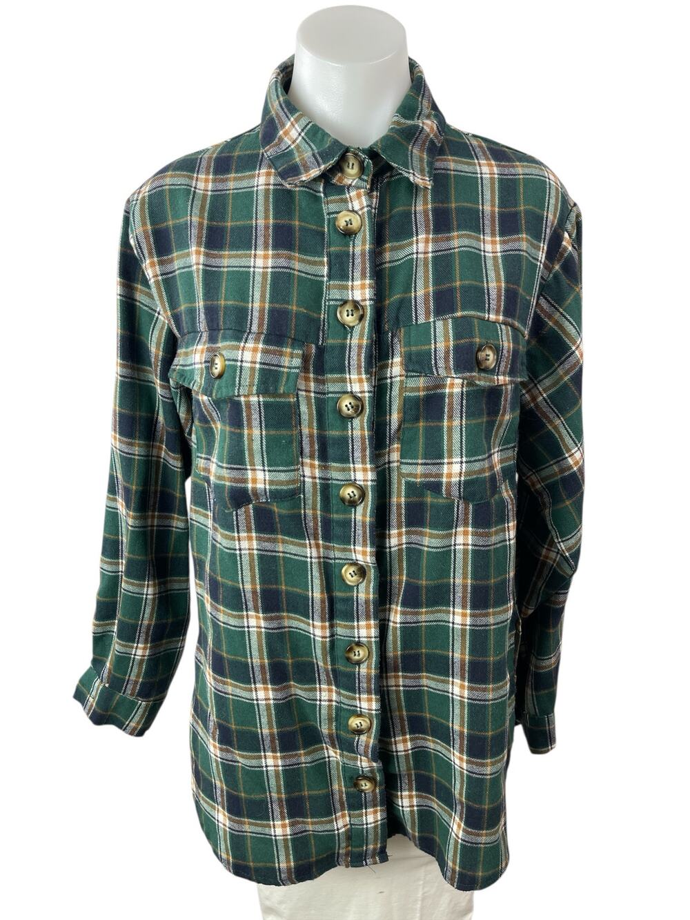 Missguided Women's Green Plaid Flannel Long Sleeve Button Down Shirt Top Size 4